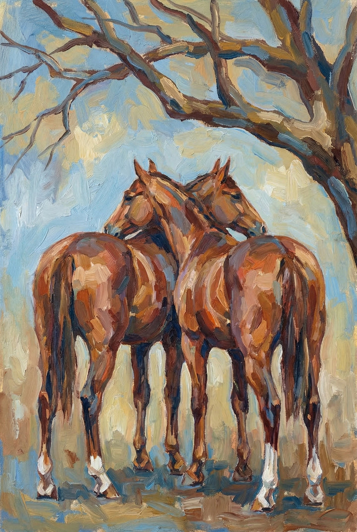 Two brown horses stand close together beneath a tree, their bodies turned away while their heads angle toward each other. The warm tones and textured background create a quiet, intimate moment in nature.

