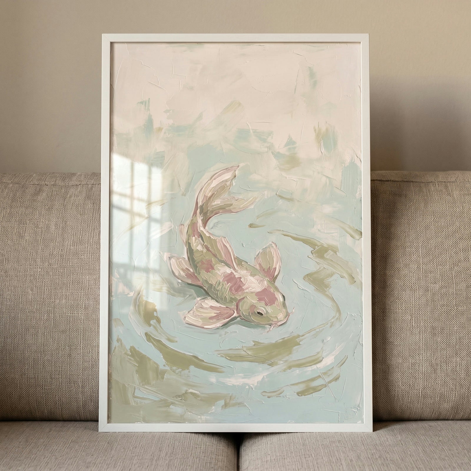Framed impasto textured koi fish wall art shows a swimming fish in soft shades of mint green, cream, and light pink.