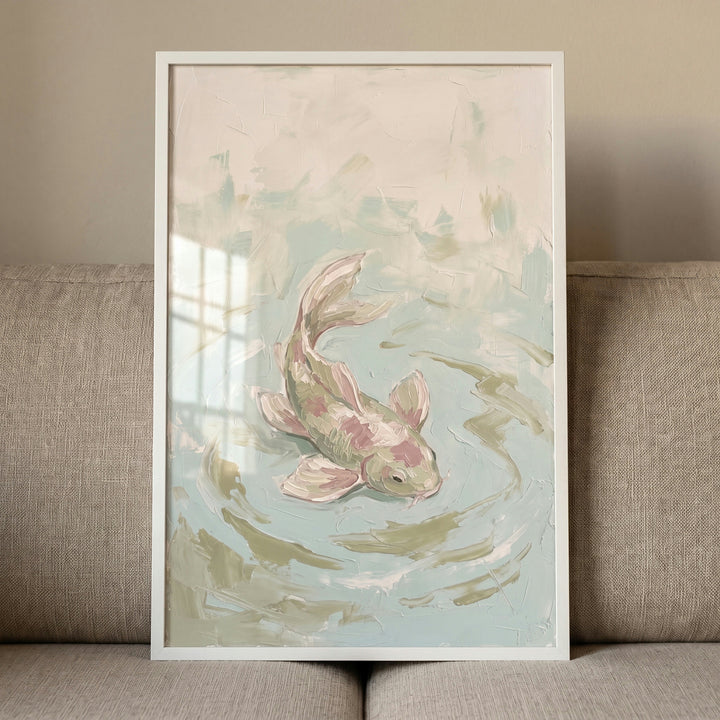 Framed impasto textured koi fish wall art shows a swimming fish in soft shades of mint green, cream, and light pink.