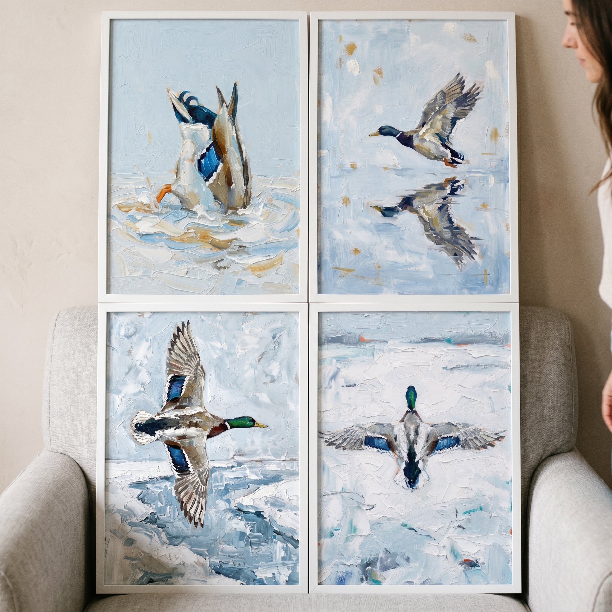 Impasto Textured Mallard Duck Artwork Set of 4 - Wild Winter Wings
