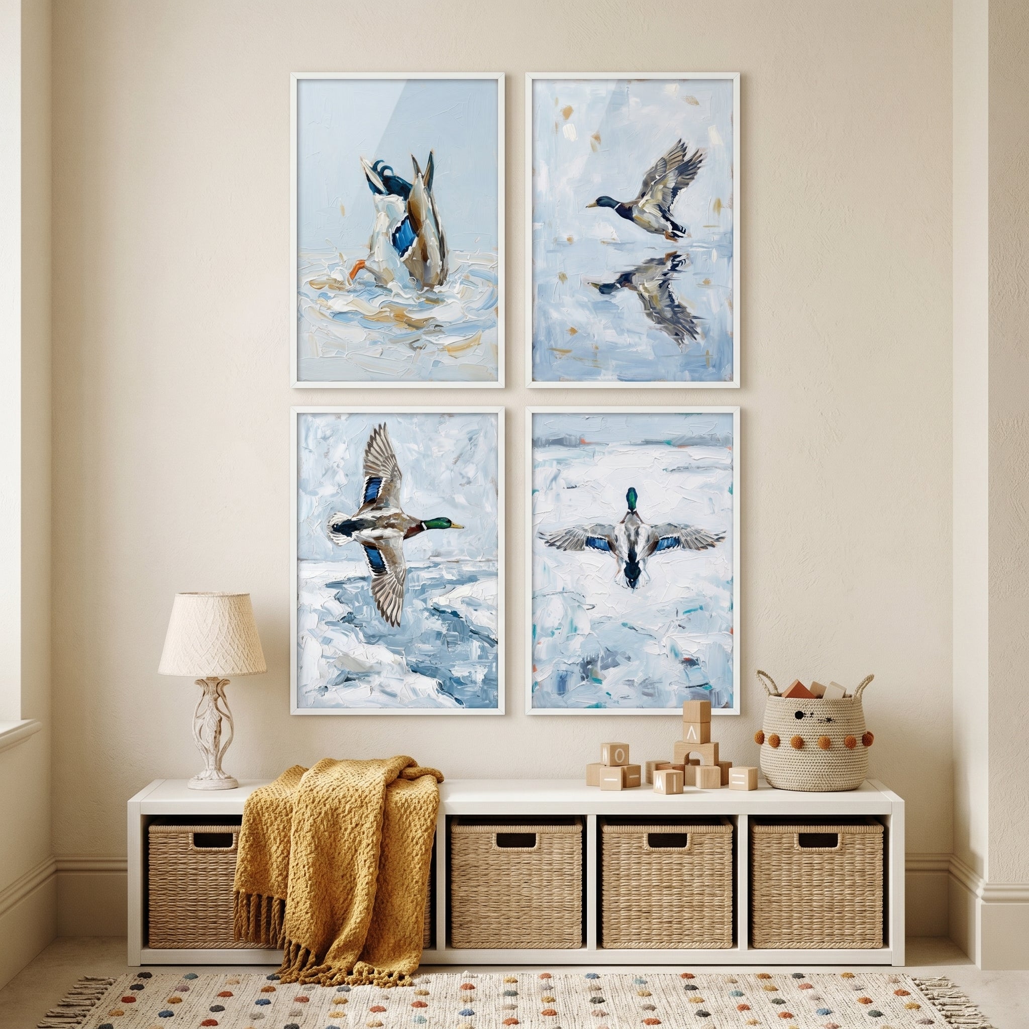 Impasto Textured Mallard Duck Artwork Set of 4 - Wild Winter Wings