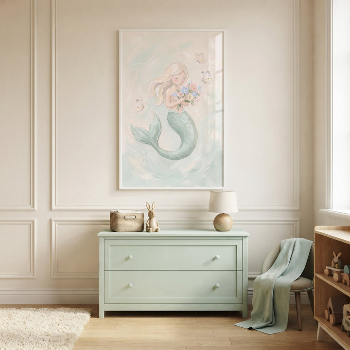 Impasto textured pastel mermaid wall art hangs above a mint green dresser in a neutral nursery with light wood floors.