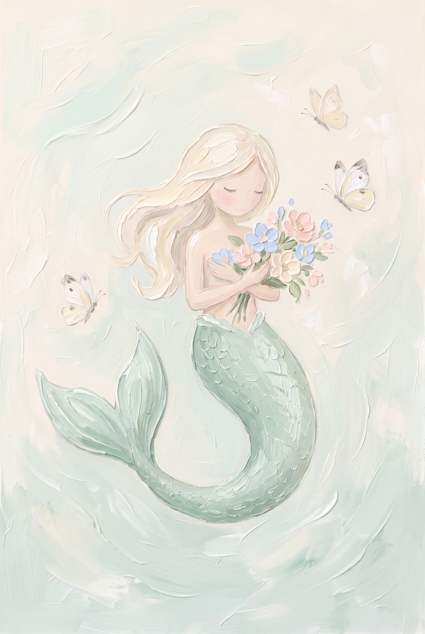 Impasto Textured Pastel Mermaid Wall Art - Whimsical Sea Bloom