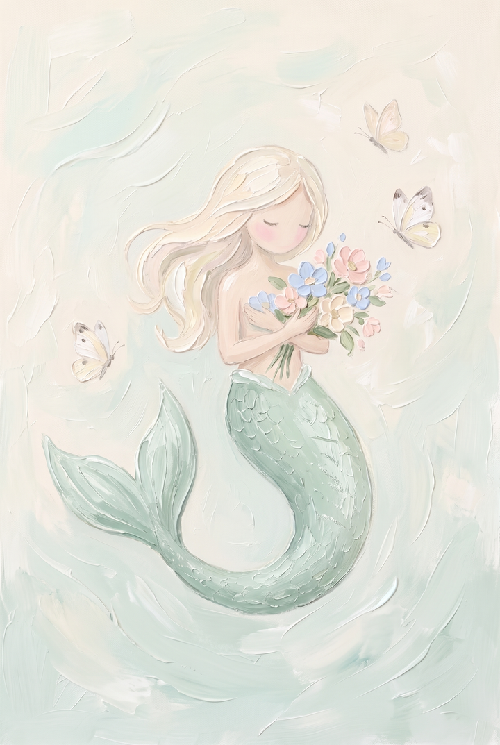 Impasto textured pastel mermaid wall art with a blonde mermaid holding colorful flowers and three butterflies.