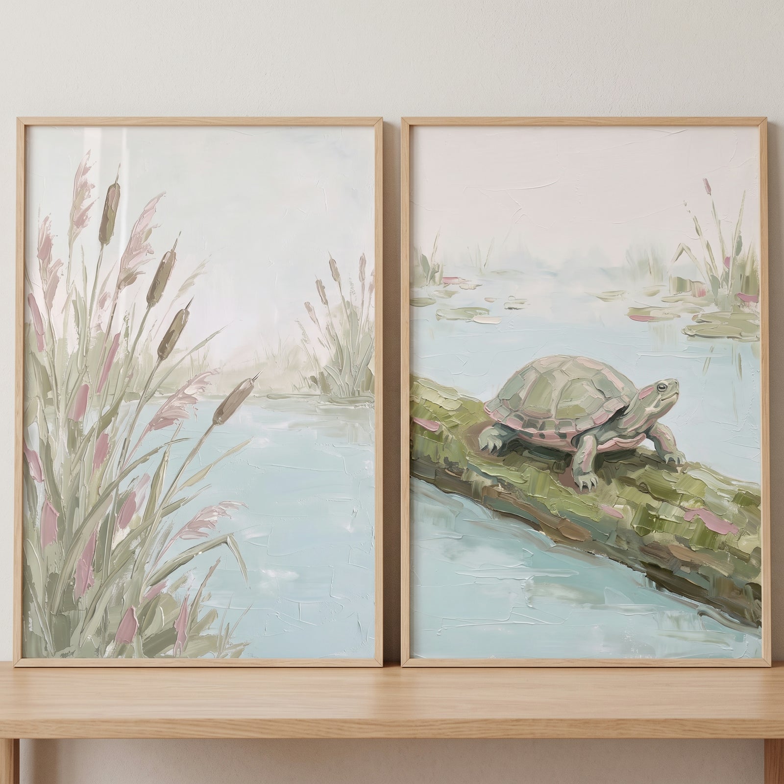Impasto textured sage nature wall art set of 2 shows cattails and a turtle on a log in soft green pond scenes.