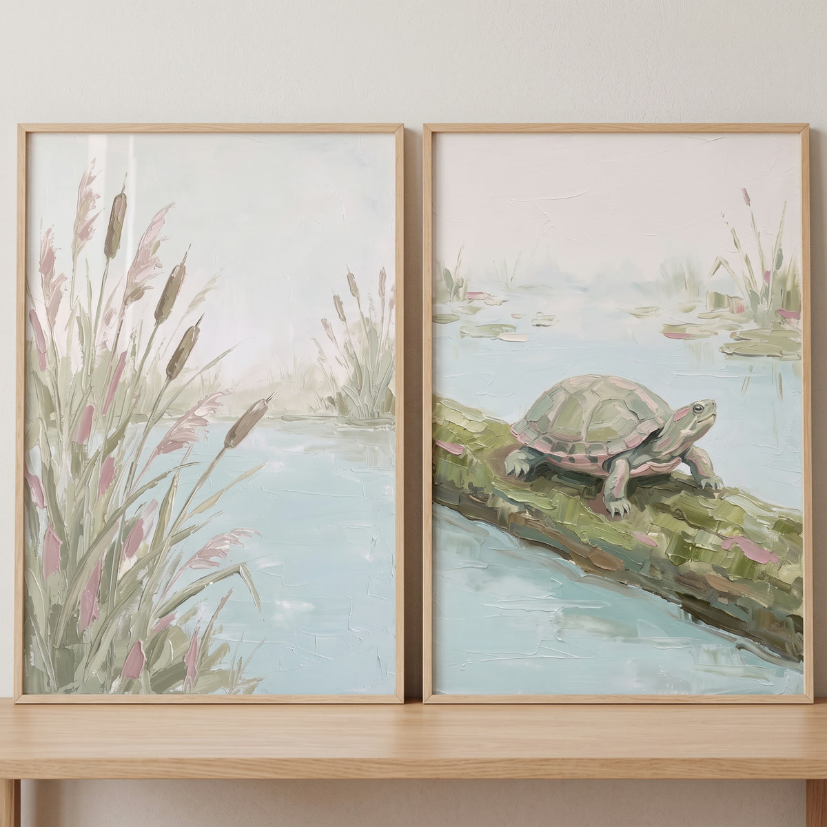 Impasto Textured Sage Nature Wall Art Set of 2 - Quiet Marsh View
