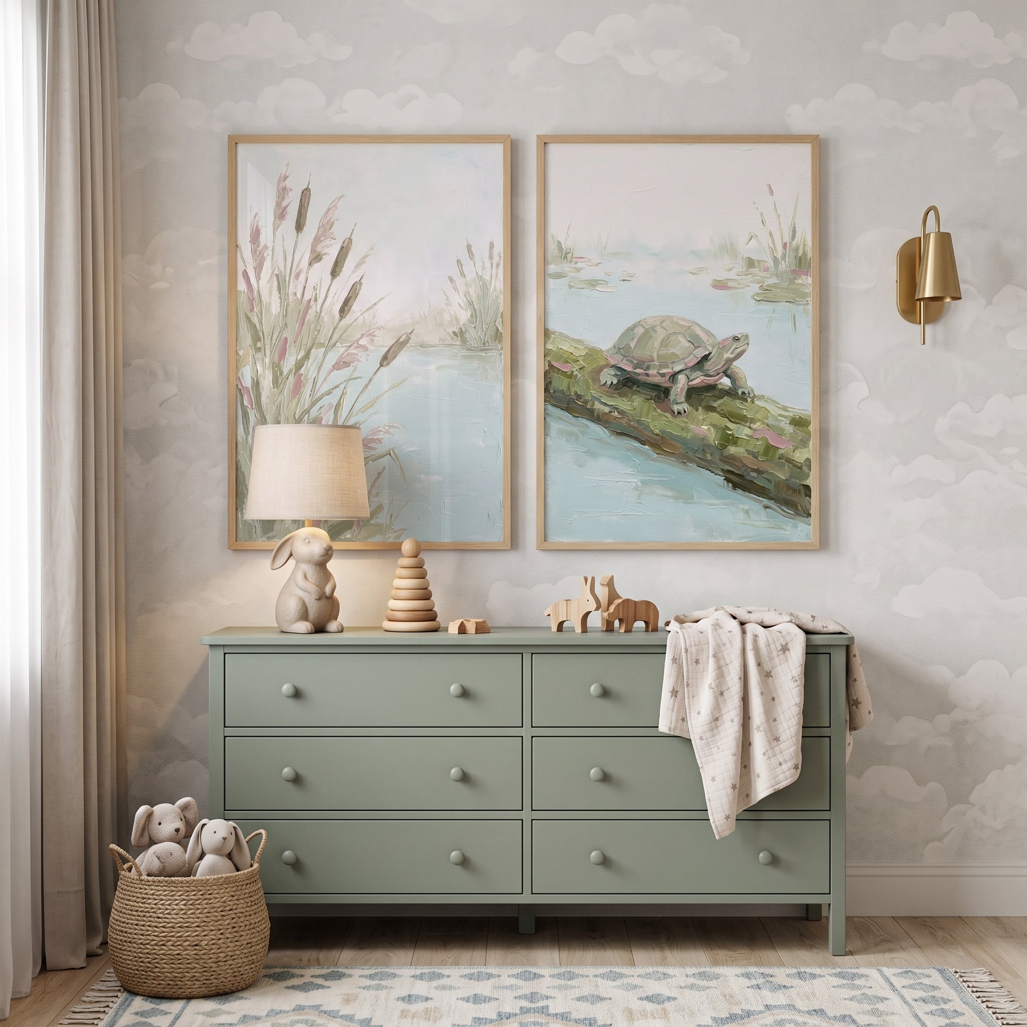 Impasto Textured Sage Nature Wall Art Set of 2 - Quiet Marsh View