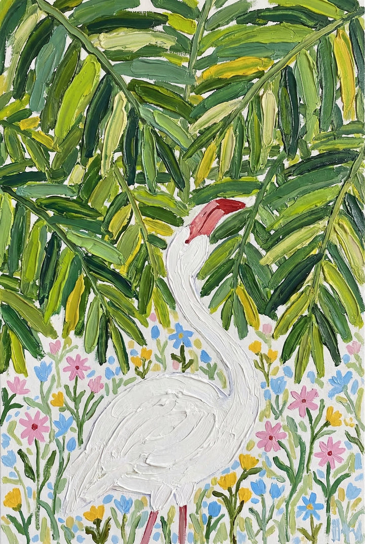 An artwork created with thick, textured strokes features a white bird with a long, curved neck and a bright red head and beak. The bird stands amidst a field of small, simple flowers in shades of pink, yellow, and blue. Overhanging the bird are large, dense green and yellow leaves that fill the top half of the frame. The heavy application of material gives the scene a tactile, three-dimensional quality, with bold colors and a vibrant, nature-inspired composition.