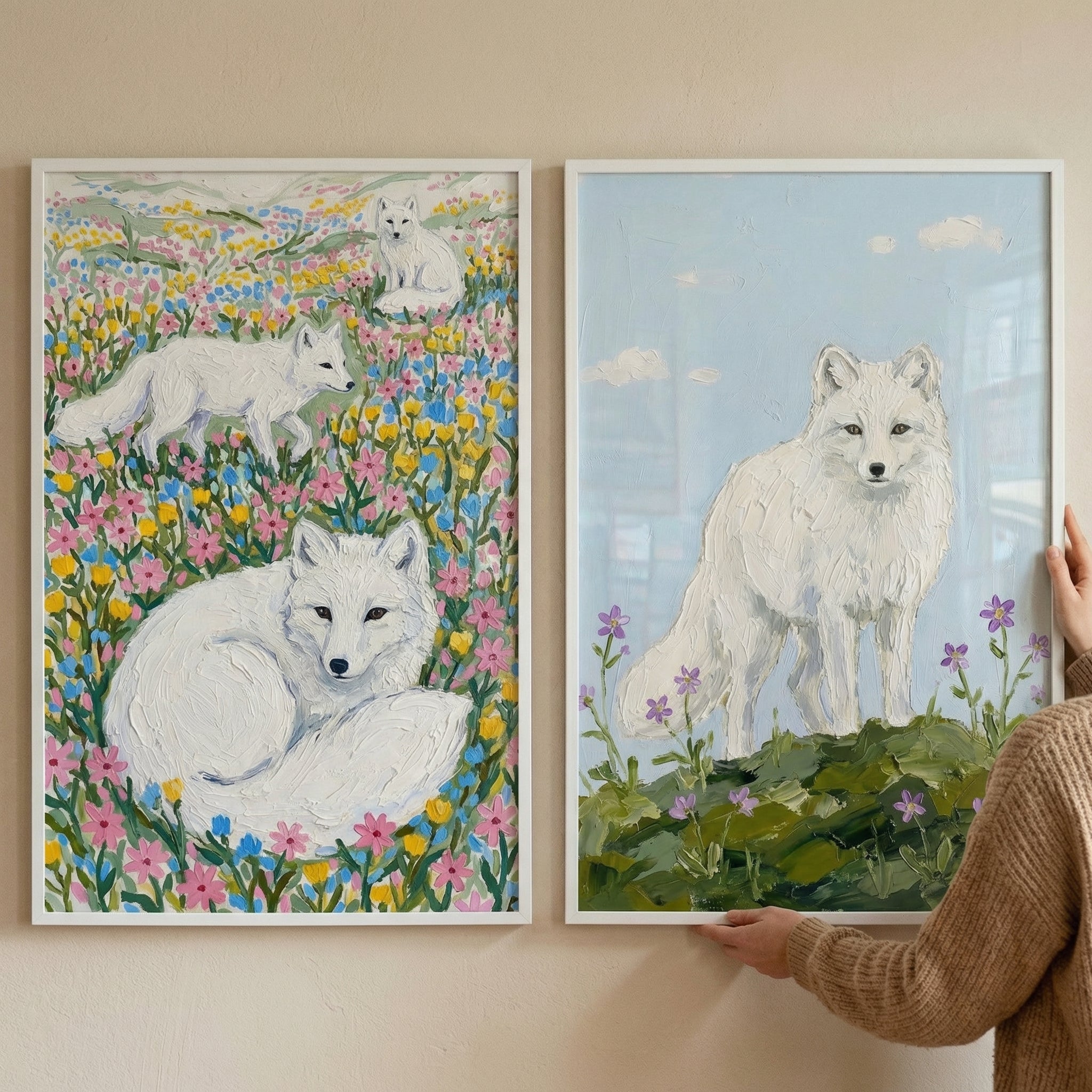 Impasto White Arctic Fox Wall Art Set of 2 - Arctic Bloom Foxes
