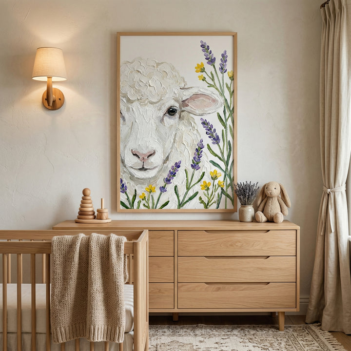 Cozy neutral nursery corner with a wooden crib and dresser beneath a large framed painting of a white sheep surrounded by lavender and small yellow flowers. Soft lighting, a plush bunny, and natural textures highlight the artwork as a calming focal point above the furniture.
