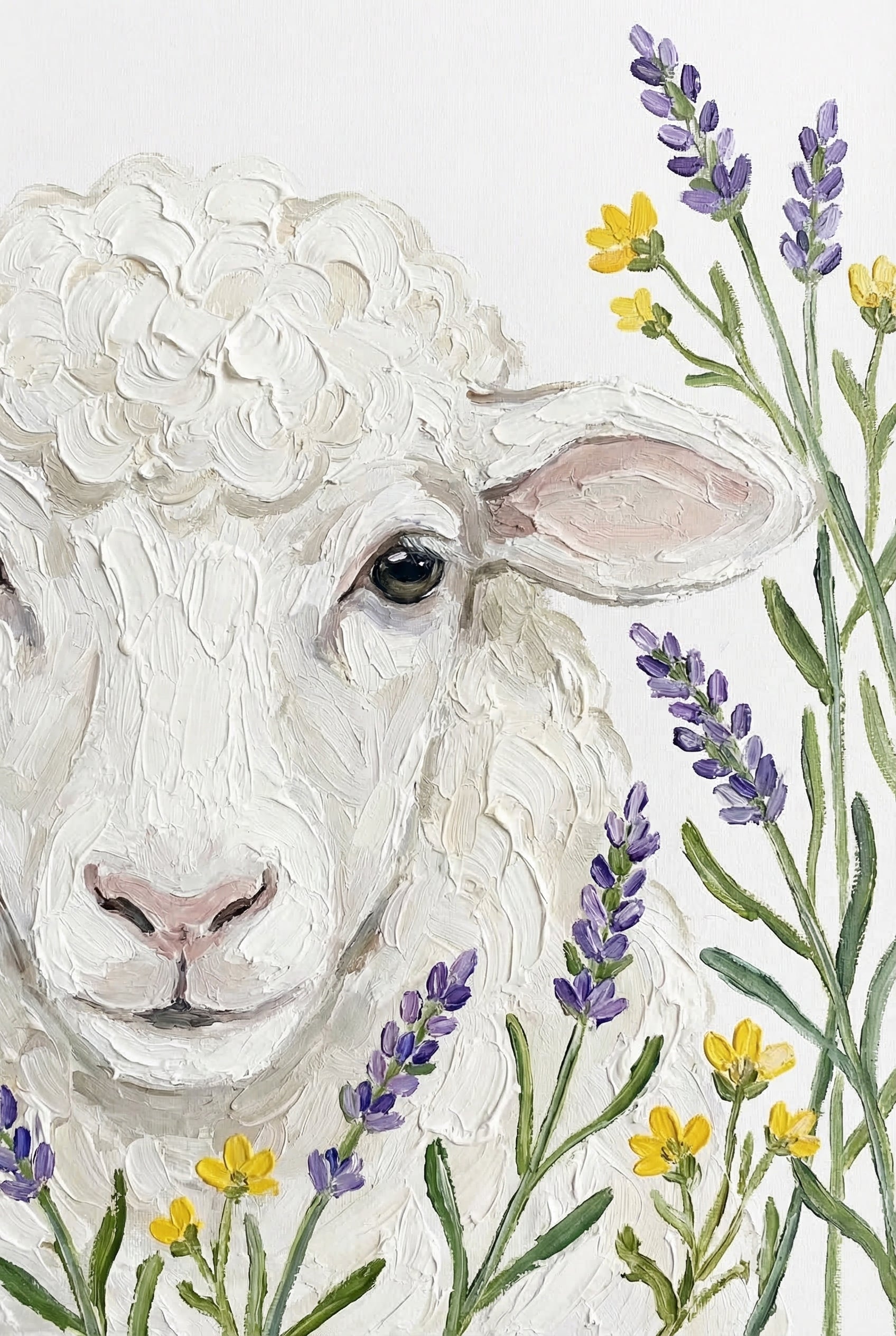 Impasto White Wool Sheep Wall Art - Lavender Meadow Lamb
