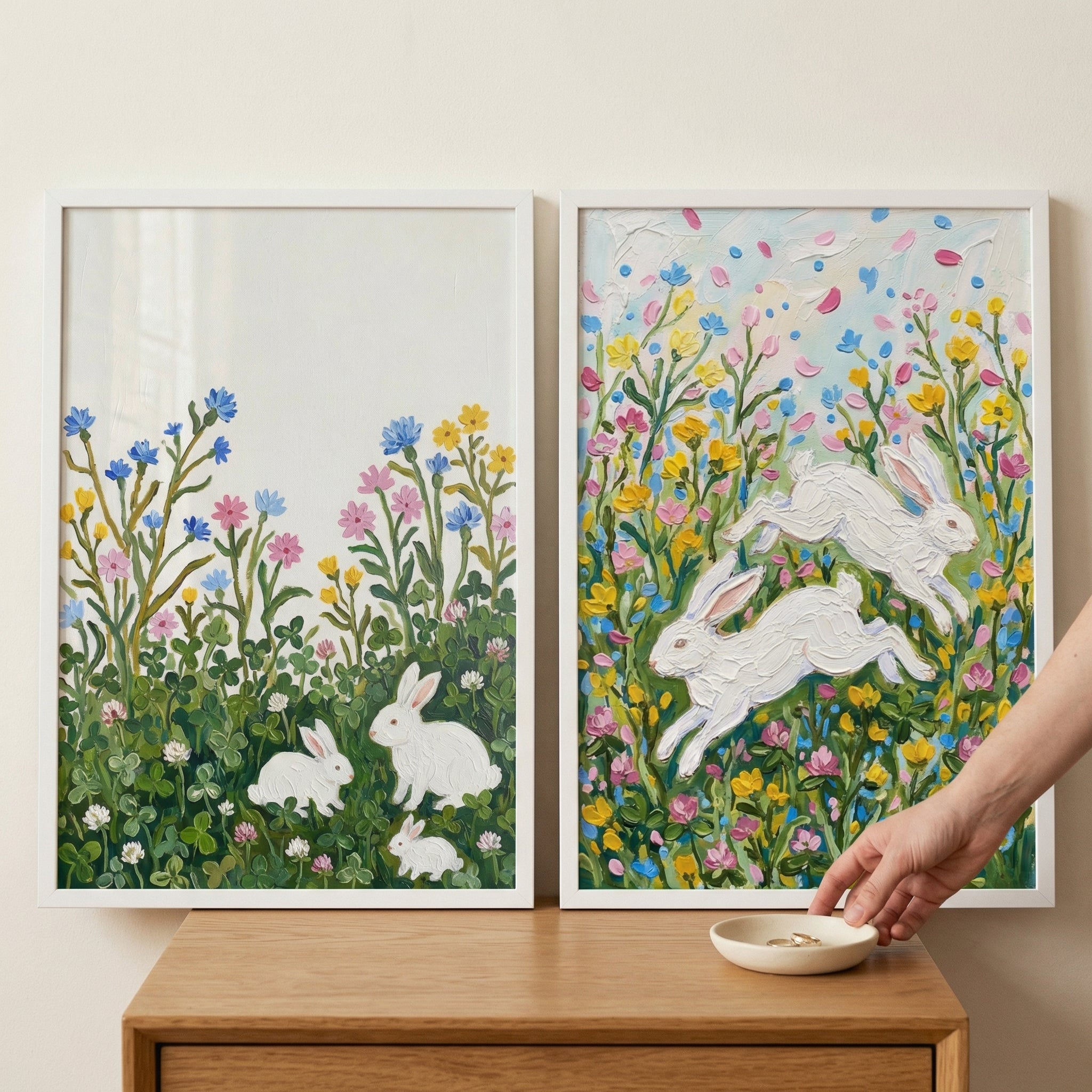 Impasto Wildflower White Bunny Wall Art Set of 2 - Floral Rabbit Garden
