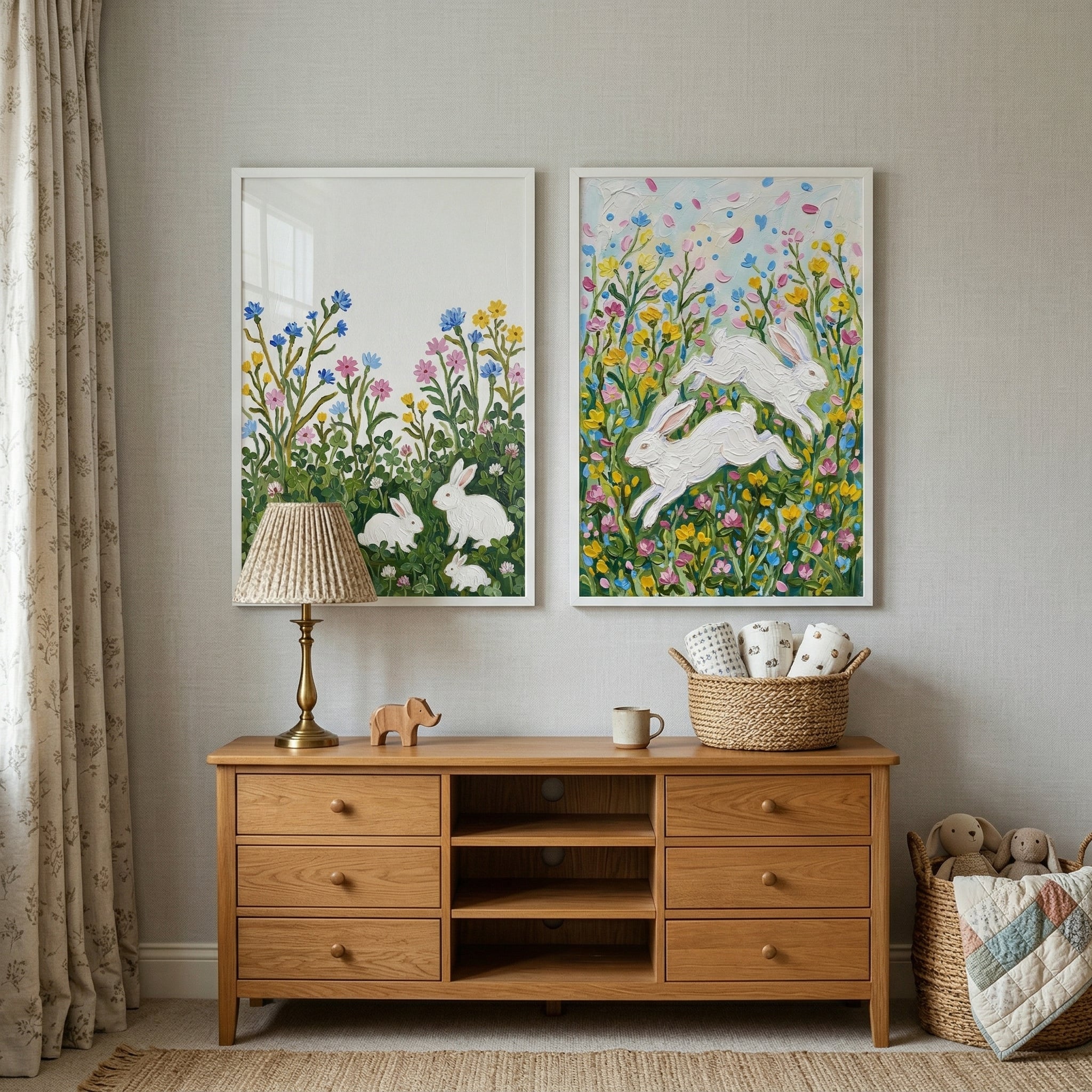 Two framed paintings of white rabbits hang above a wooden dresser styled with a lamp, basket, and small decor in a cozy nursery setting. The left artwork shows three rabbits nestled in clover and colorful wildflowers, while the right shows two rabbits leaping through a vibrant meadow filled with pink, yellow, and blue blooms with petals floating through the air.