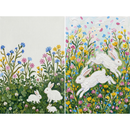 This two-panel artwork features white rabbits in vibrant wildflower meadows. The left panel shows a large rabbit and two smaller ones nestled among green clover and tall, colorful blooms against a stark white sky. On the right, two rabbits leap through a dense field of yellow, pink, and blue flowers under a sky filled with falling petals. The entire piece is created with a thick impasto technique, using textured, visible strokes to bring the lively floral scenes to life.