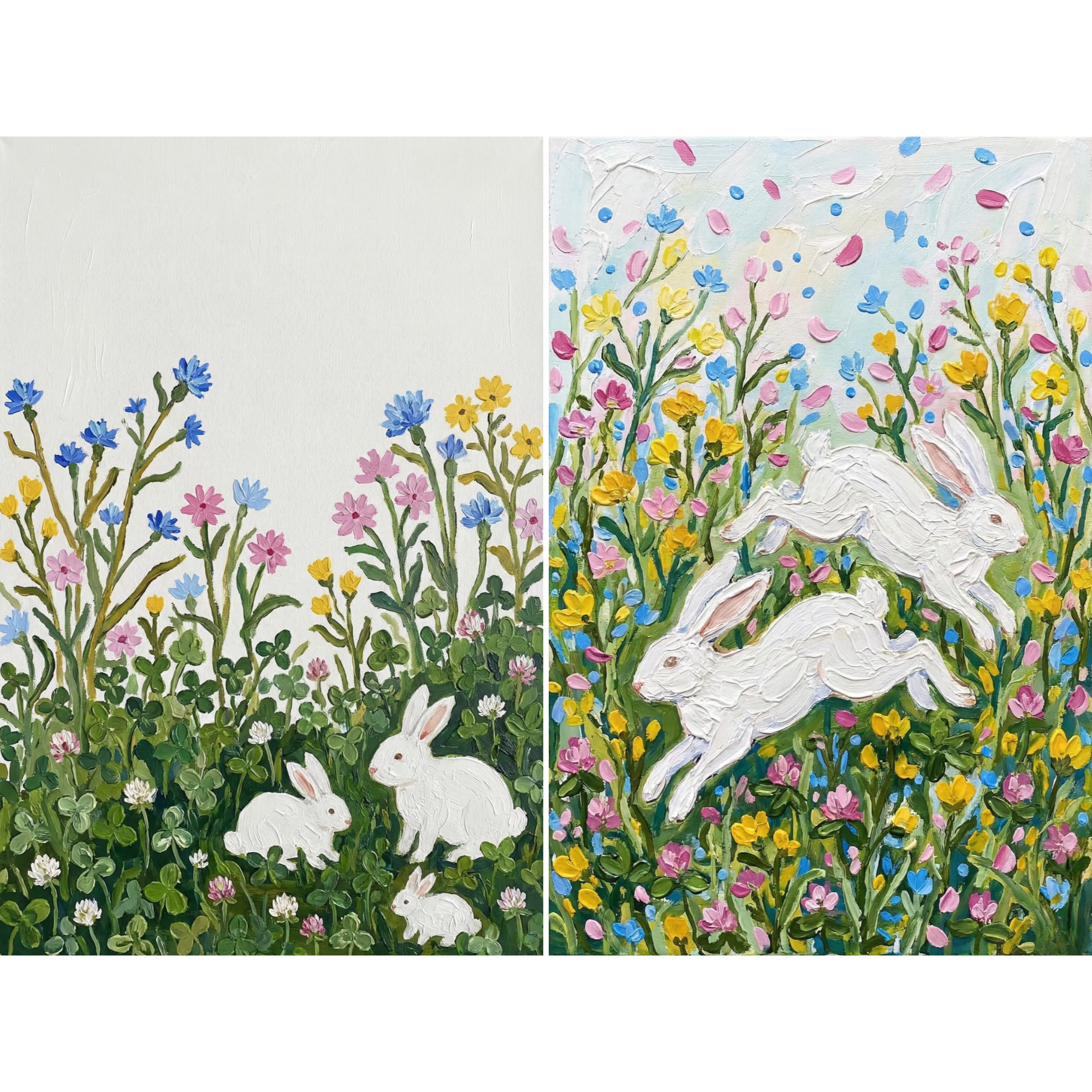 Impasto Wildflower White Bunny Wall Art Set of 2 - Floral Rabbit Garden