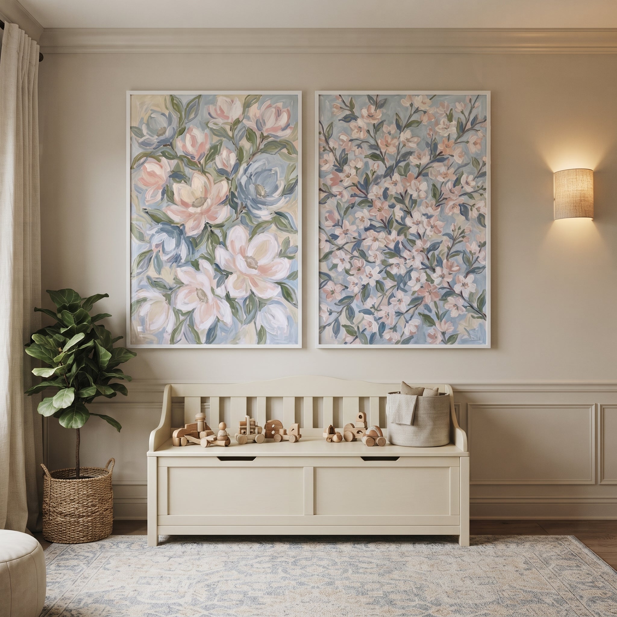 Impressionist Airy Garden Botanical Floral Artwork Set of 2 - Serene Petal Garden