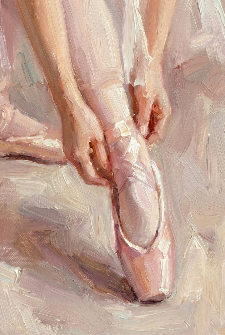 A close-up painting depicts hands adjusting the ribbons of a pink ballet shoe, with soft, textured brushstrokes in pastel hues creating a delicate and graceful scene.