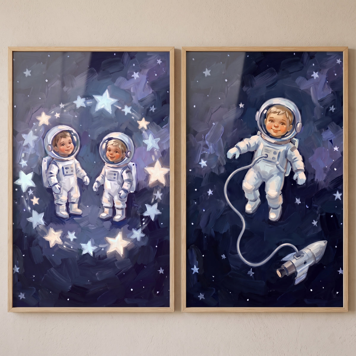 Impressionist blue baby astronaut wall art set of 2 features infants in space suits among bright stars and a small rocket.