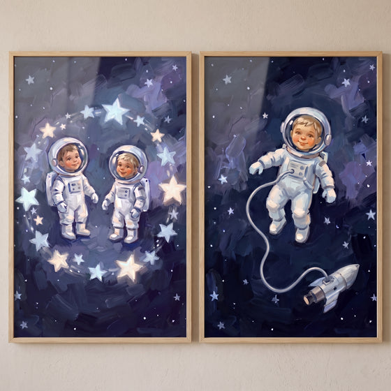 Impressionist blue baby astronaut wall art set of 2 features infants in space suits among bright stars and a small rocket.