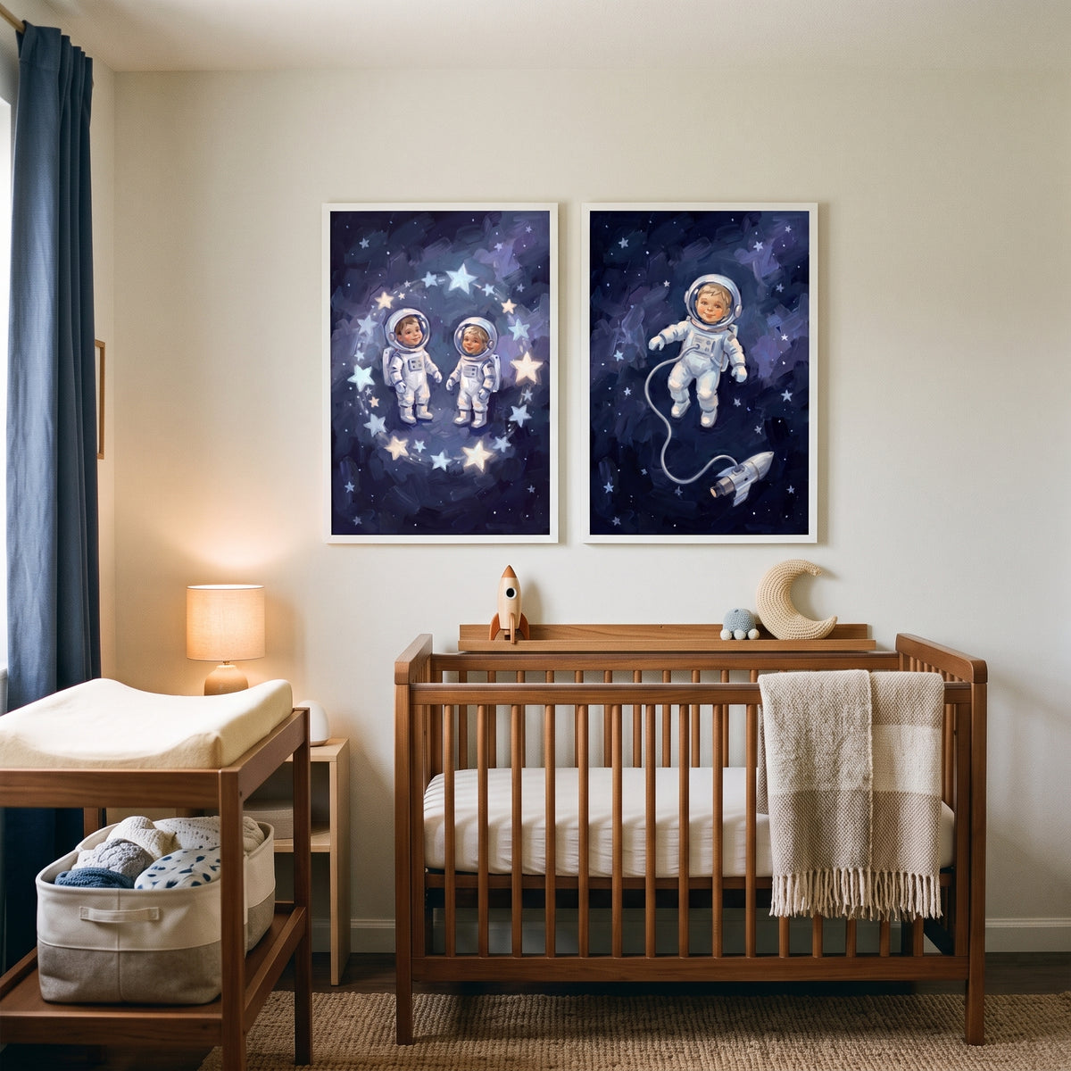 Impressionist Blue Baby Astronaut Wall Art Set of 2 - Starlight Voyagers