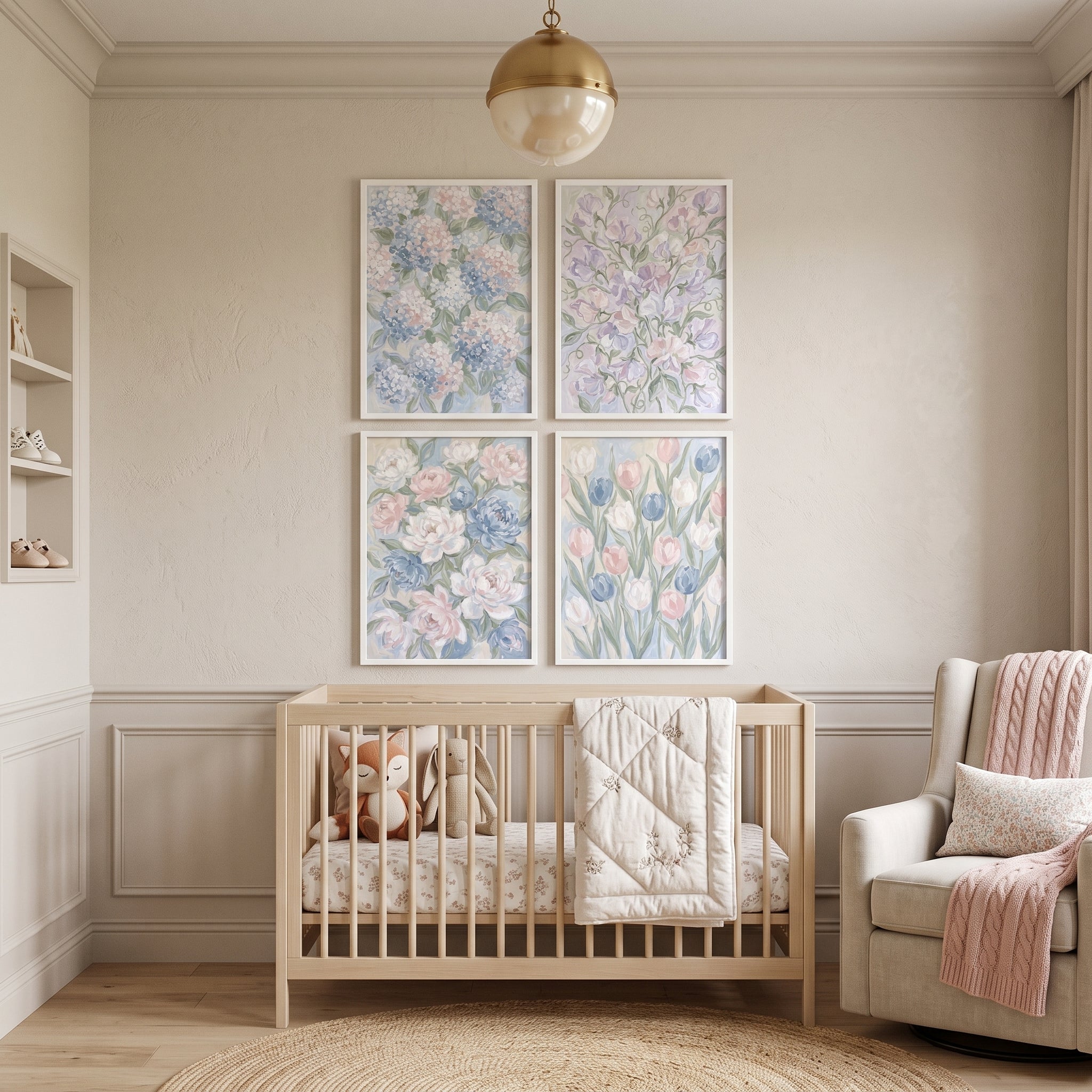 Impressionist Blush Blue Floral Artwork Set of 4 - Pastel Floral Suite