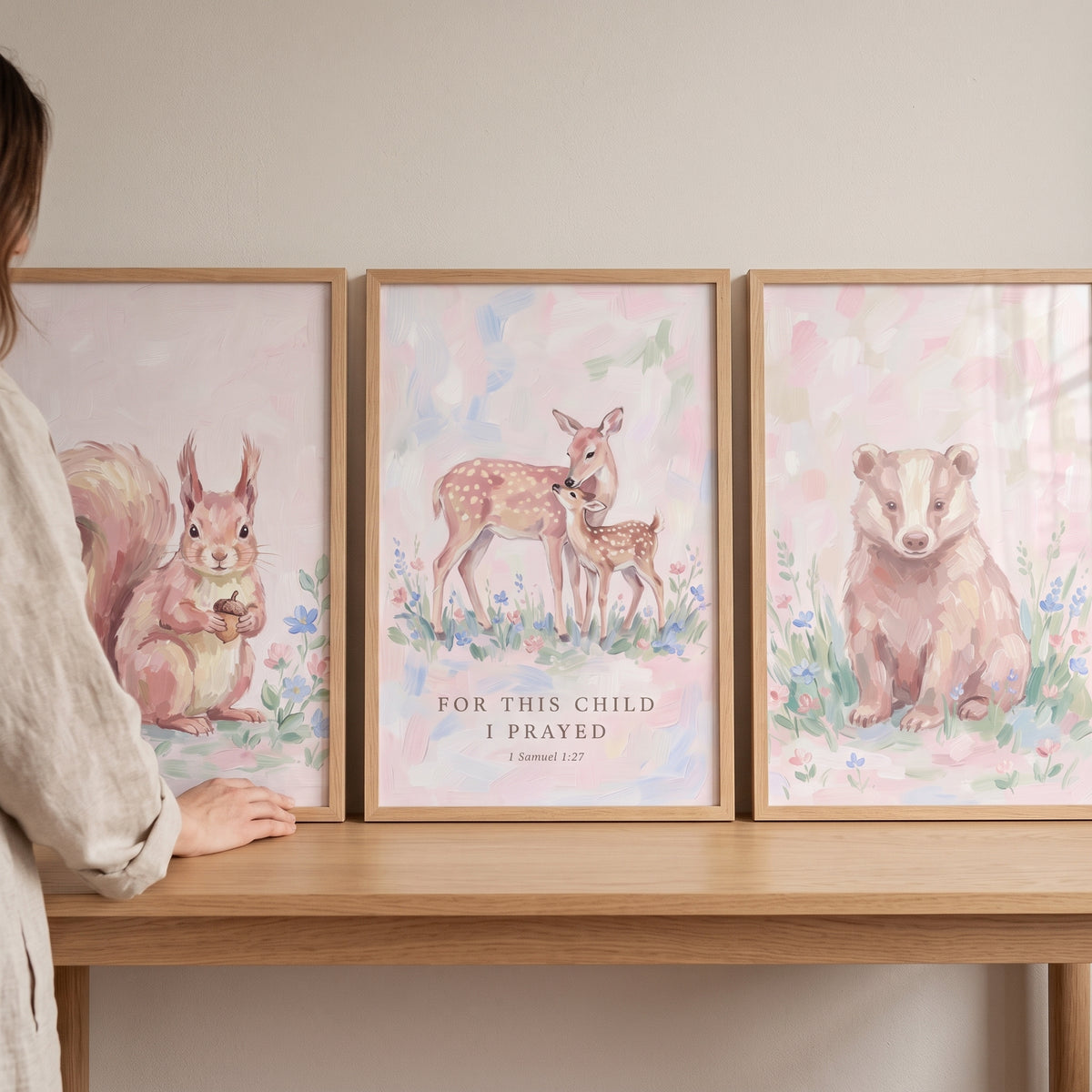 Impressionist Blush Forest Animals Wall Art Set of 3 - Gentle Animal Decor