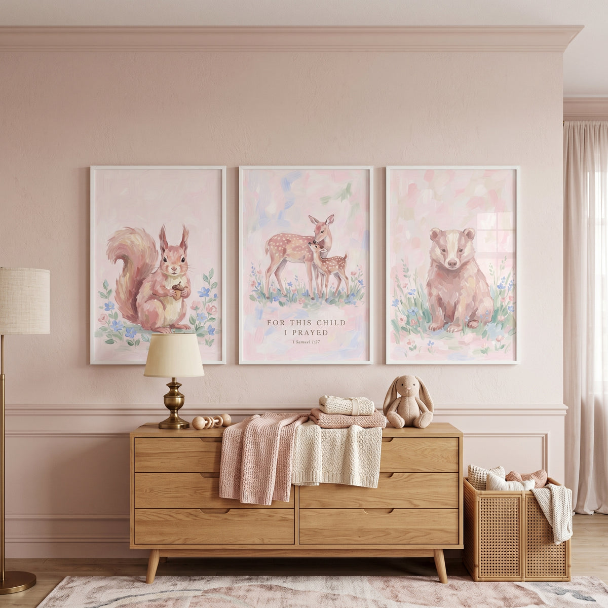 Impressionist Blush Forest Animals Wall Art Set of 3 - Gentle Animal Decor