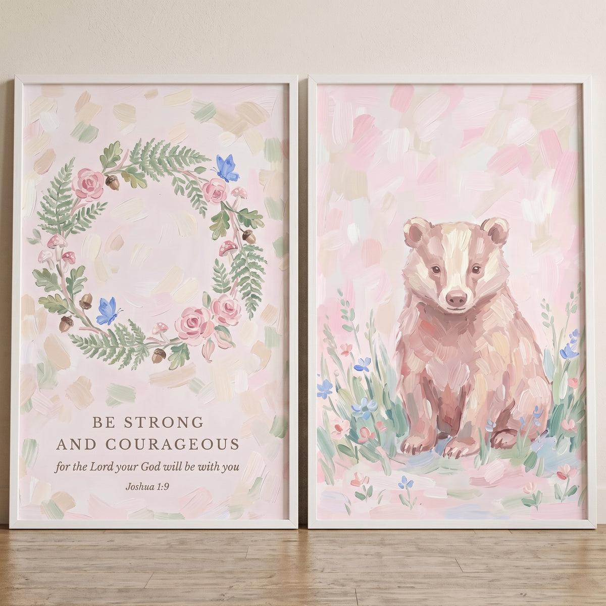 Impressionist blush nature wall art set of 2 featuring a badger and a floral wreath with the verse Joshua 1:9.
