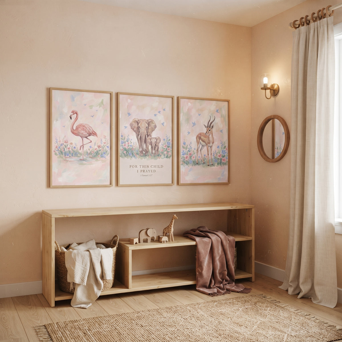Impressionist Blush Pink Safari Animals Artwork Set Of 3 - Nursery Safari Trio