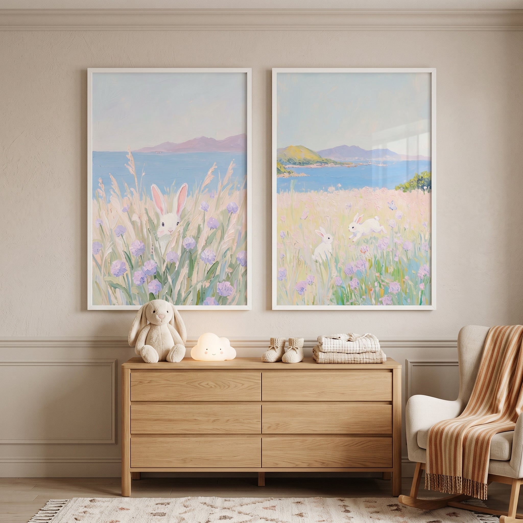 Impressionist Coastal Lavender Bunny Wall Art Set of 2 - Meadow Bunny Dreams