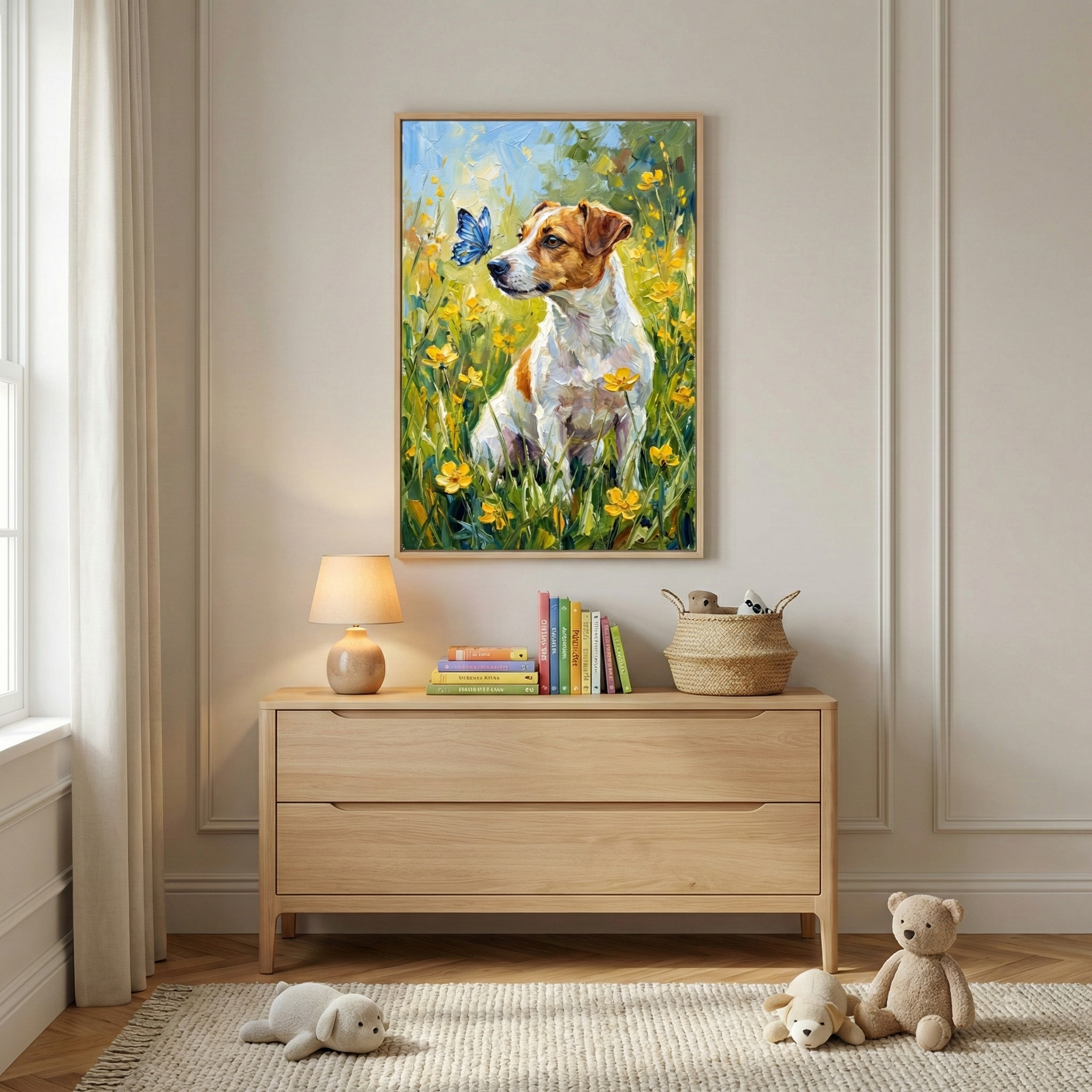 A bright room features a framed artwork showing a small white and brown dog in a field of yellow flowers with a blue butterfly, created with expressive, textured strokes. It hangs on a light beige wall with panel molding. Below is a light-wood dresser holding a lamp, a stack of colorful books, and a woven basket. On a textured rug, three plush toys, including a teddy bear, are scattered. A window with flowing white curtains is visible on the side, casting a soft light.