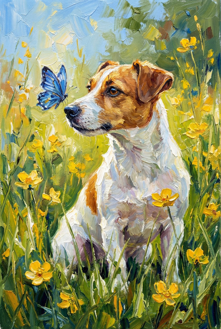 An impasto textured artwork features a small white and tan terrier sitting in a sun-drenched field of tall grass and yellow wildflowers. A vibrant blue butterfly flutters near the dog's snout, capturing its gentle attention. The piece is composed of thick, layered strokes that provide a heavy tactile quality to the scene. Bright yellows, greens, and blues create a cheerful atmosphere under a clear sky, emphasizing a peaceful moment between the animal and the butterfly.