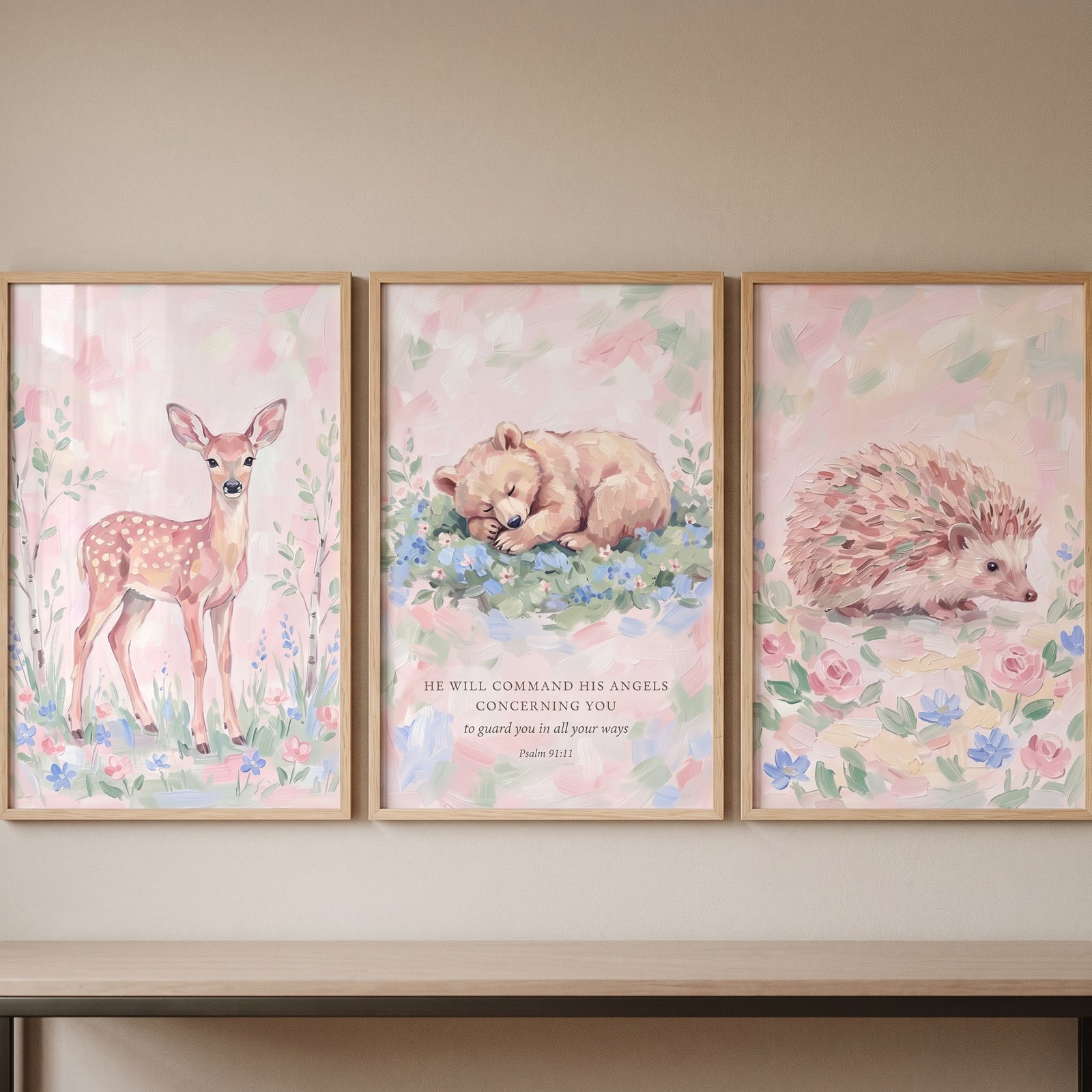 Impressionist floral forest animals wall art set of 3 with a deer, sleeping bear with a verse, and a hedgehog.