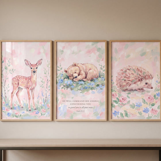 Impressionist floral forest animals wall art set of 3 with a deer, sleeping bear with a verse, and a hedgehog.