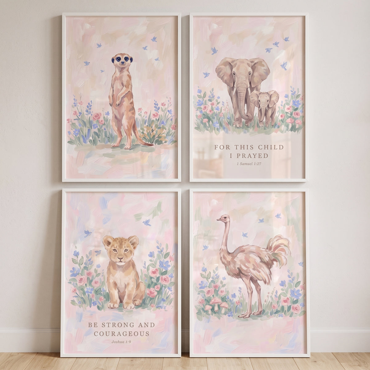 Impressionist Floral Savanna Animals Wall Art Set Of 4 - Pastel Bible Animals
