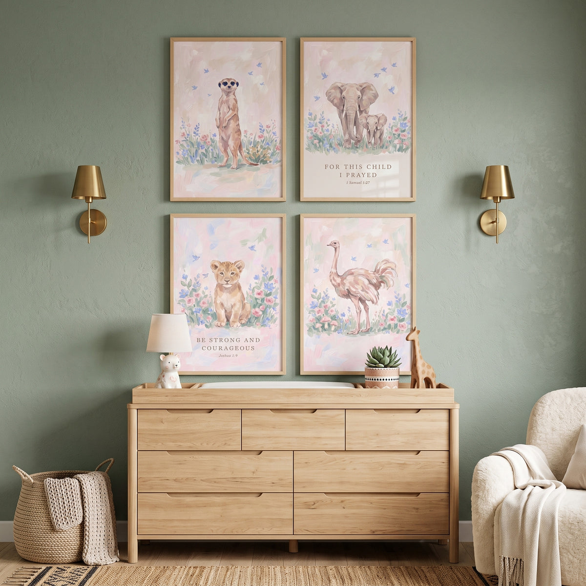 Impressionist Floral Savanna Animals Wall Art Set Of 4 - Pastel Bible Animals