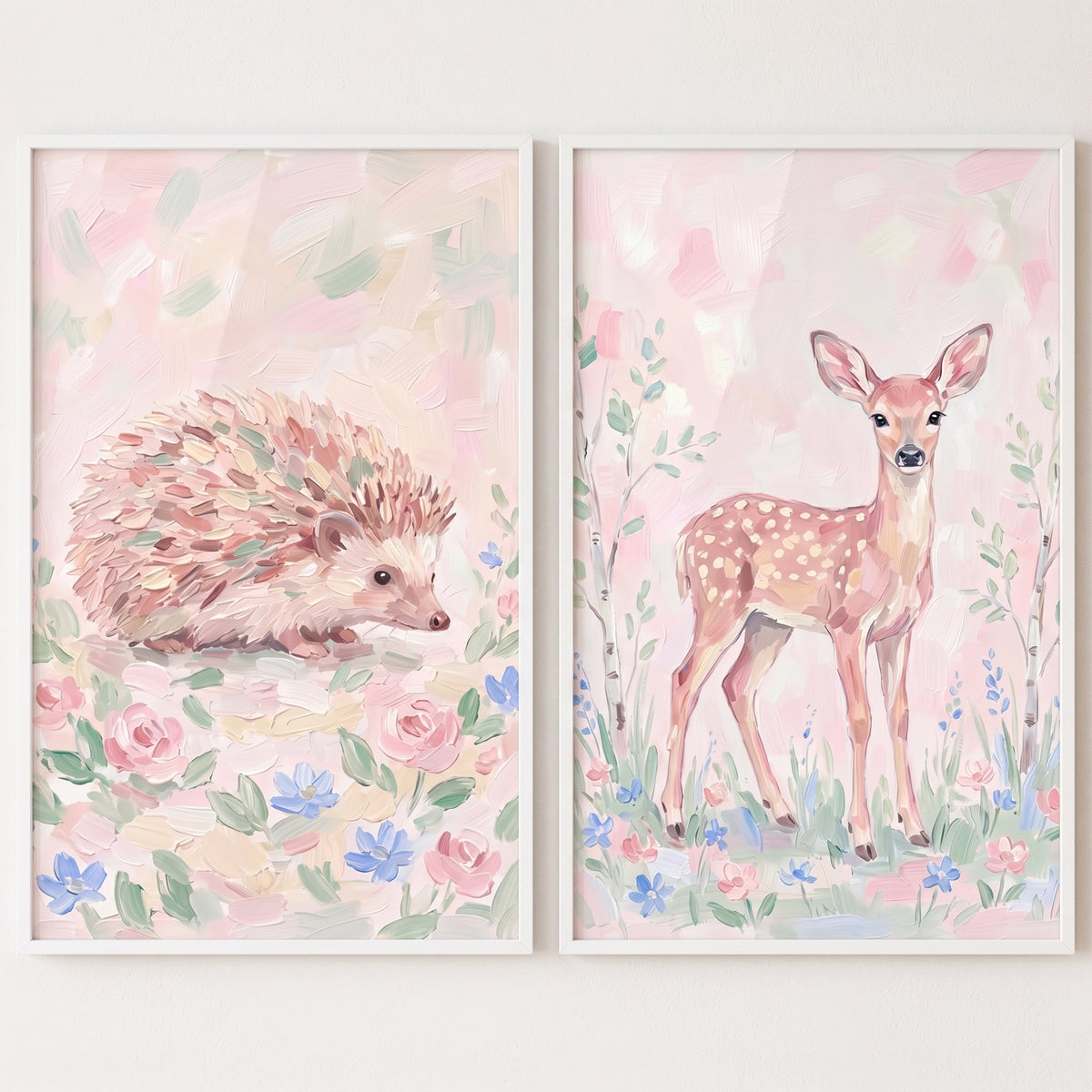 Impressionist Floral Woodland Animals Wall Art Set of 2 - Soft Meadow Friends