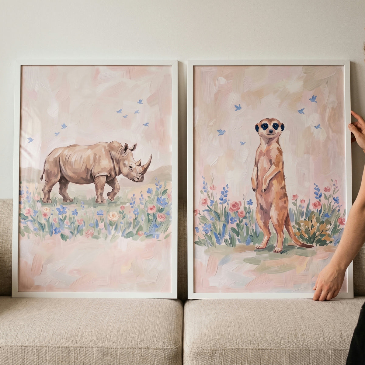 Impressionist garden safari animals wall art set of 2 featuring a rhino and meerkat among pastel flowers and birds.
