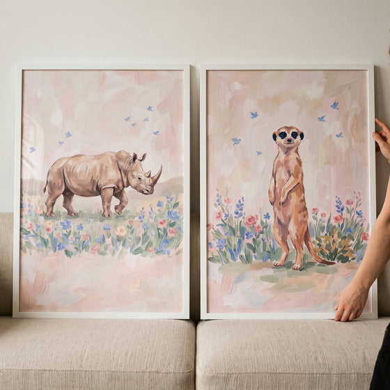 Impressionist garden safari animals wall art set of 2 featuring a rhino and meerkat among pastel flowers and birds.