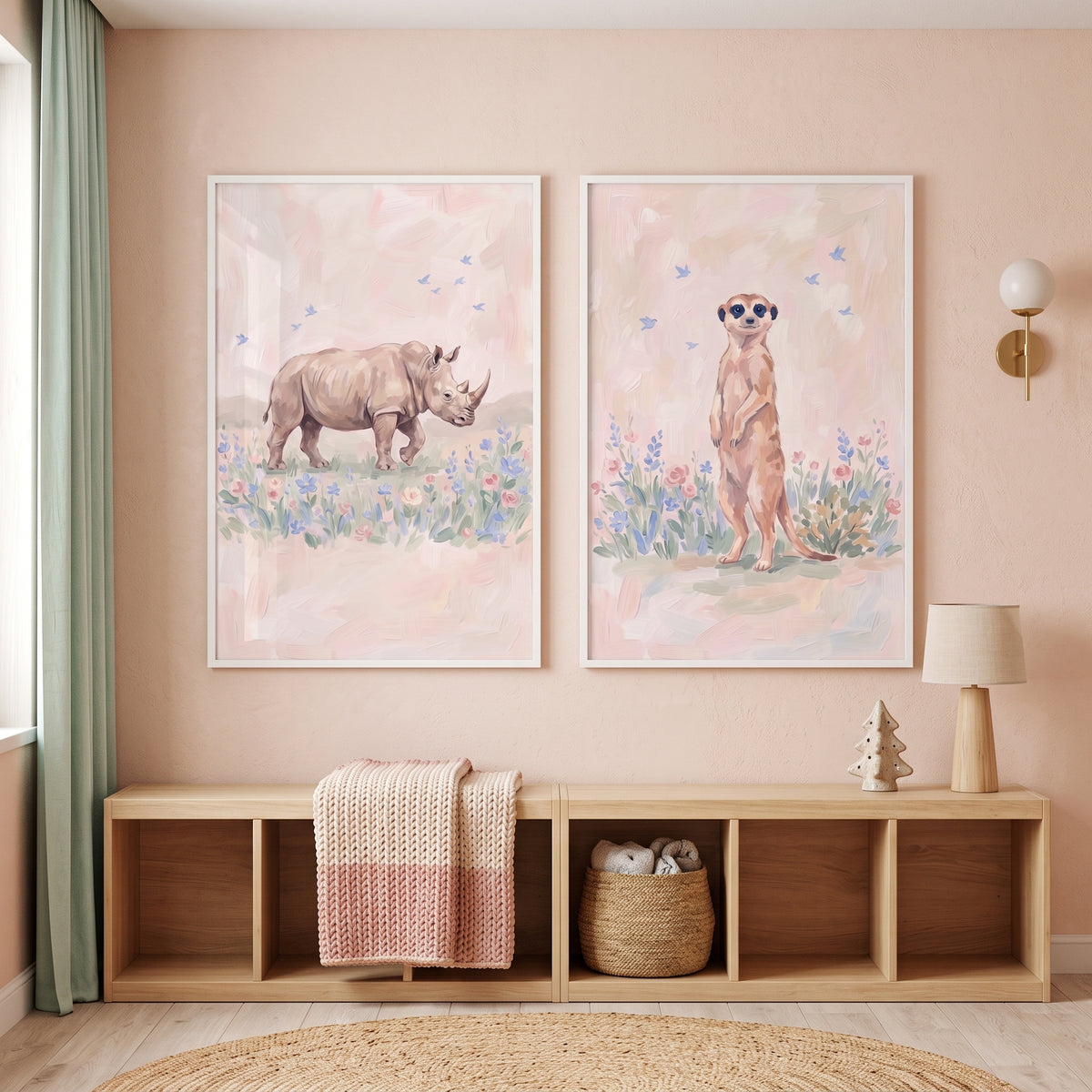 Impressionist Garden Safari Animals Wall Art Set of 2 - Whimsical Wild Meadow
