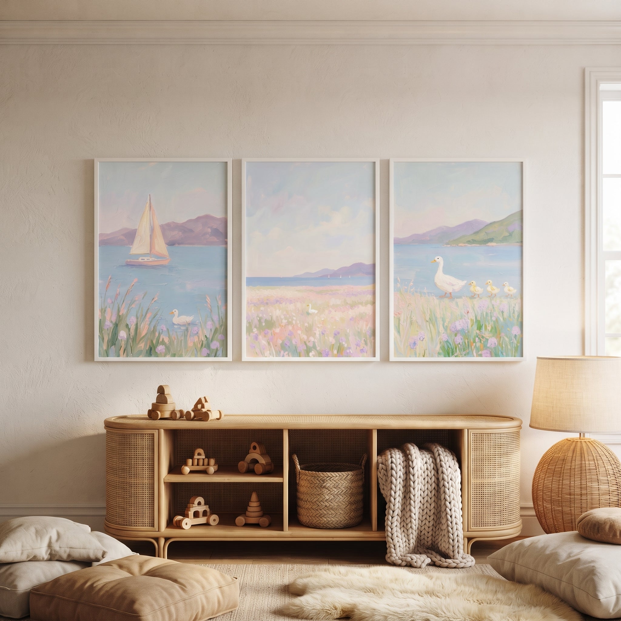 Impressionist Lavender Coastal Duck Wall Art Set of 3 - Soft Coastal Serenity
