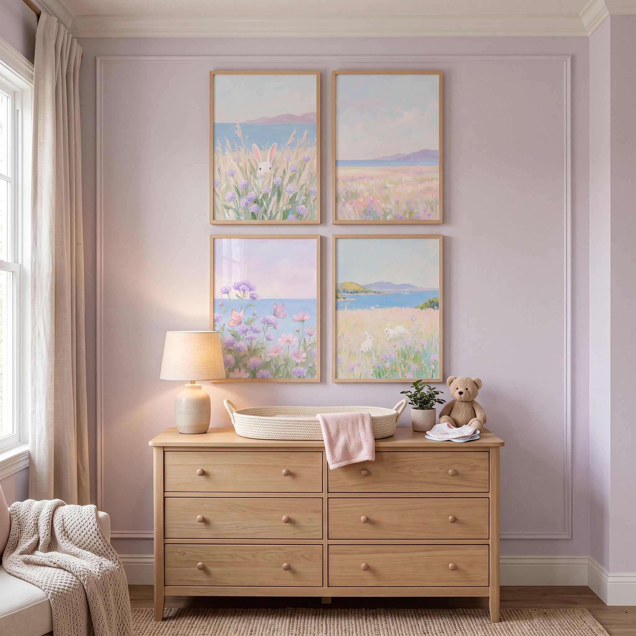 Impressionist Lavender Coastal Wall Art Set of 4 - Pastel Meadow Dreams