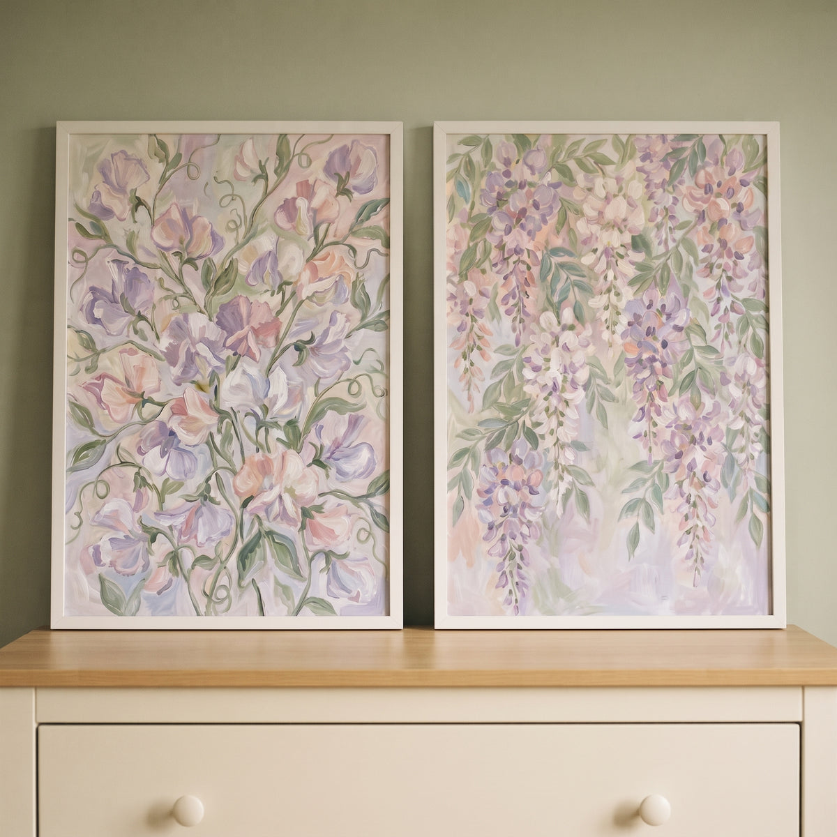 Impressionist Lilac Botanical Floral Artwork Set of 2 - Wisteria Sweetpea Duo