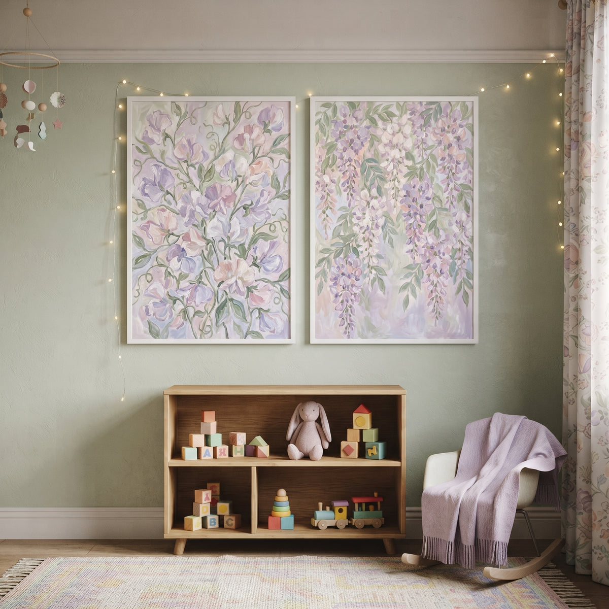 Impressionist Lilac Botanical Floral Artwork Set of 2 - Wisteria Sweetpea Duo