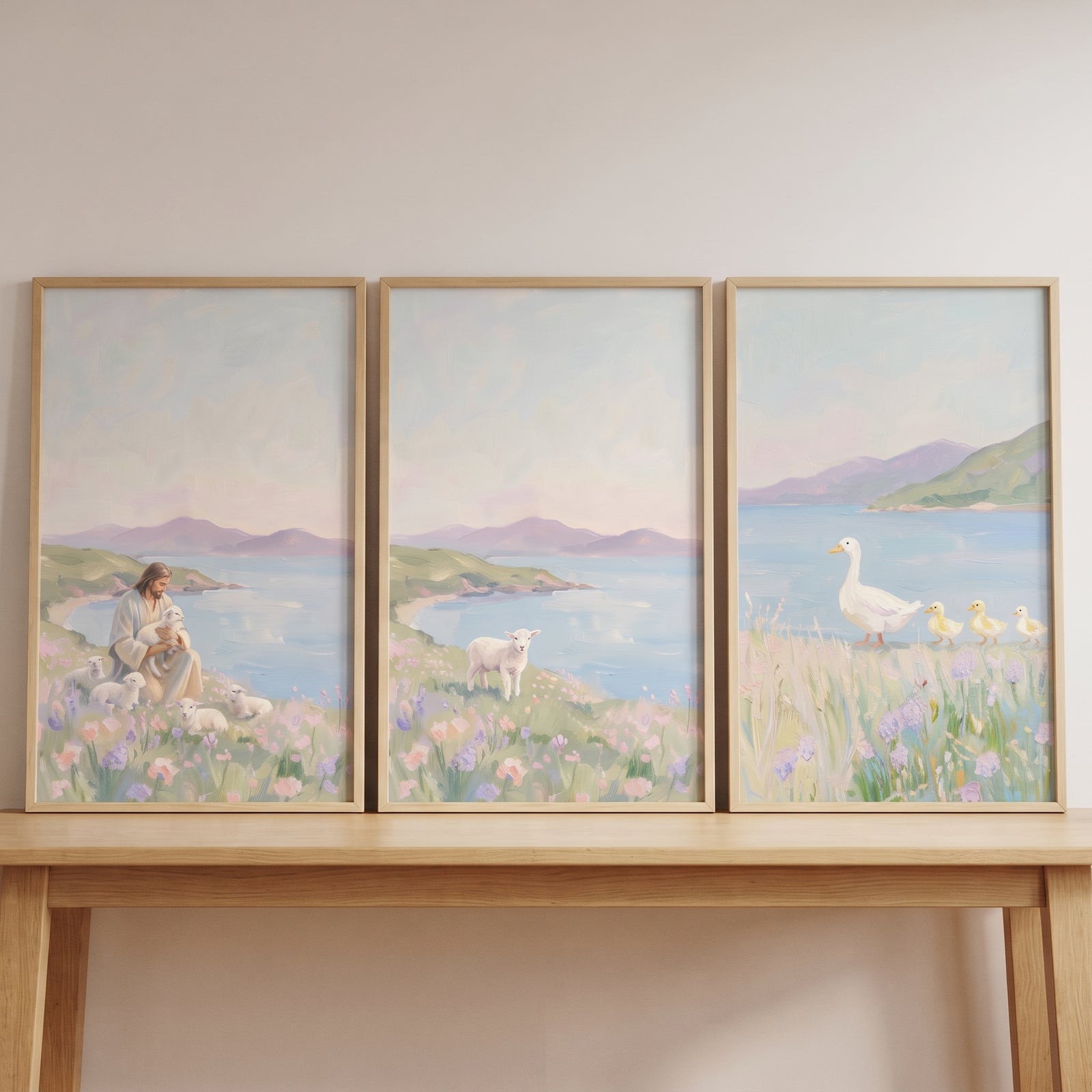 Jesus with lambs and a duck with ducklings in an impressionist lilac coastal landscape wall art set of 3.
