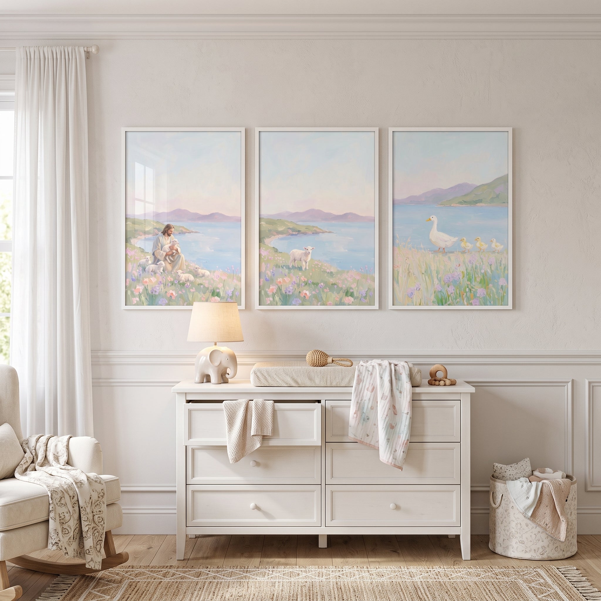 Impressionist Lilac Coastal Landscape Wall Art Set of 3 - Serene Seaside Meadow
