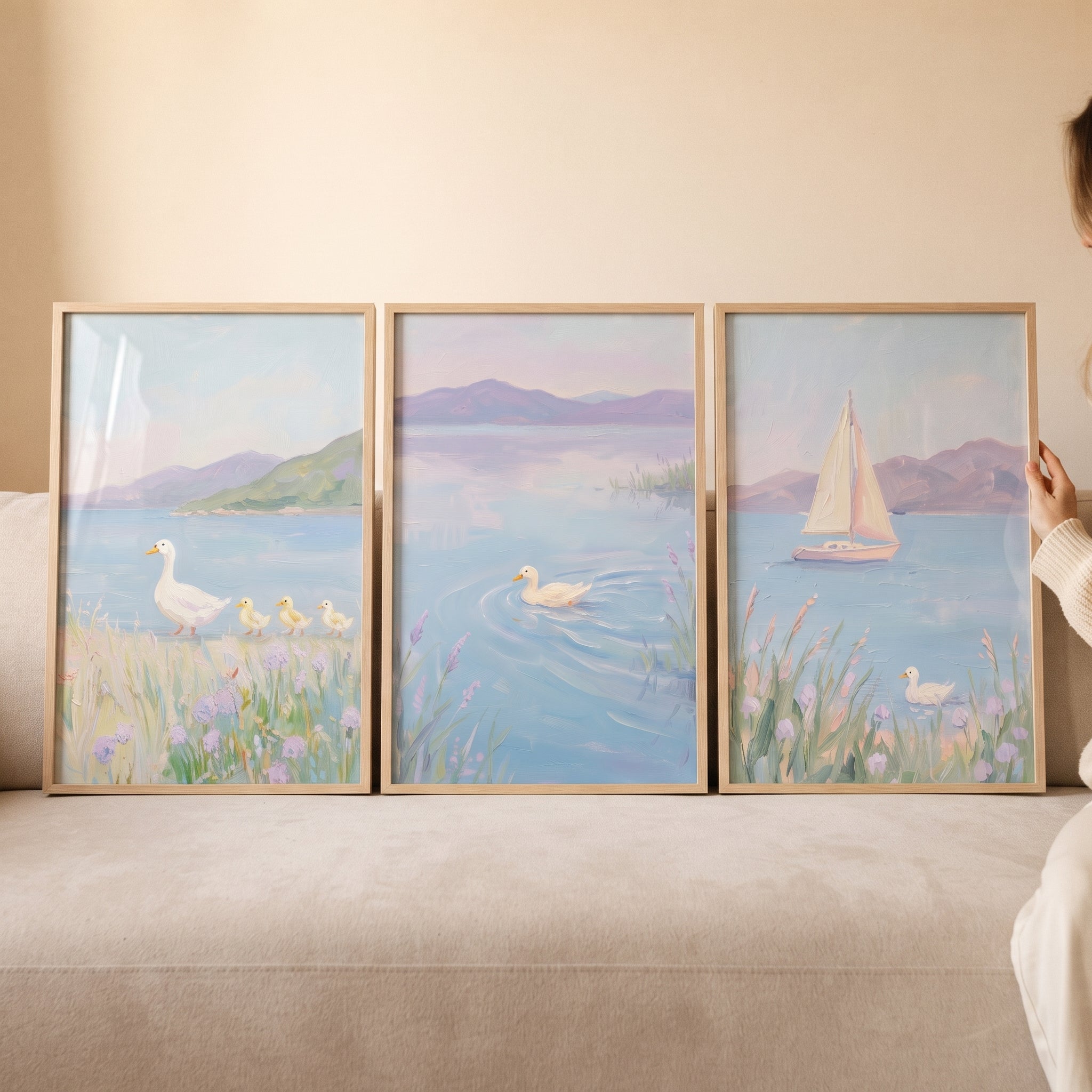 Impressionist Lilac White Duck Wall Art Set of 3 - Soft Shoreline Morning