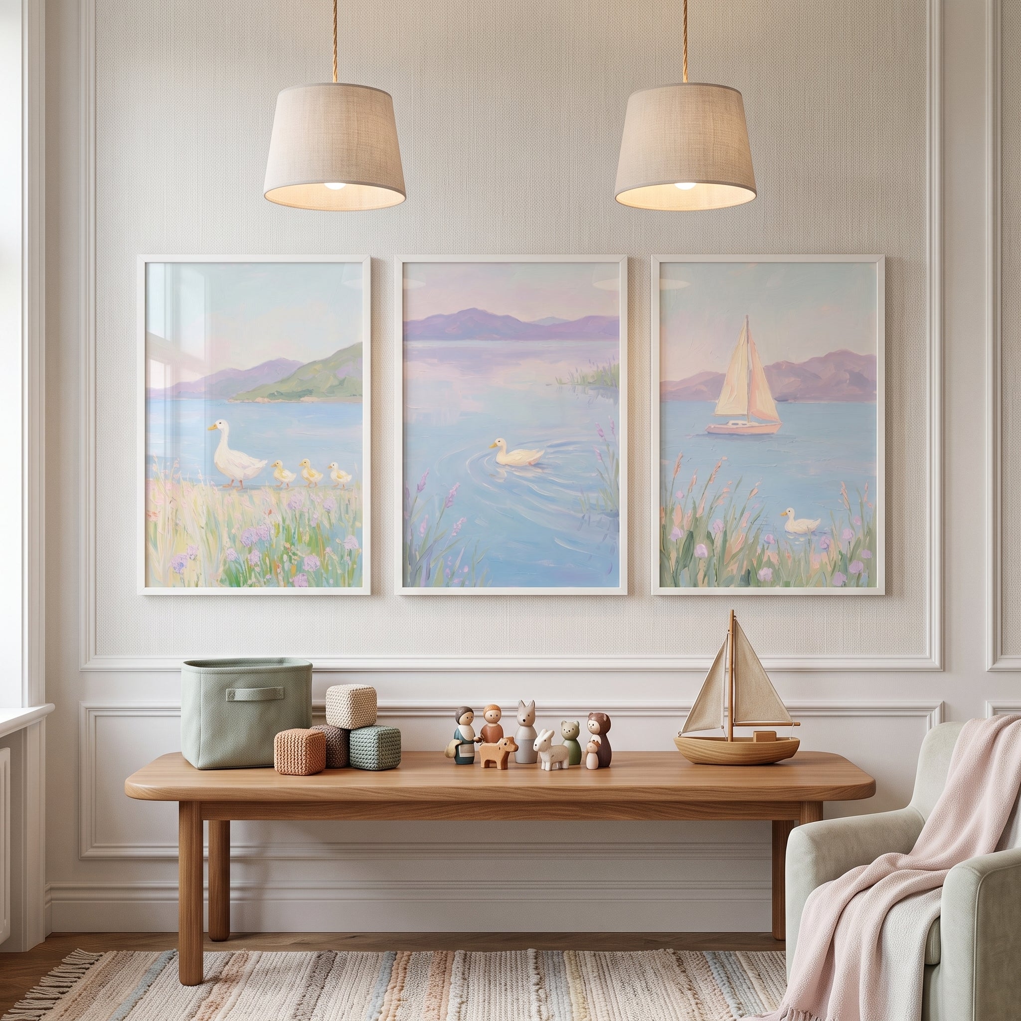 Impressionist Lilac White Duck Wall Art Set of 3 - Soft Shoreline Morning