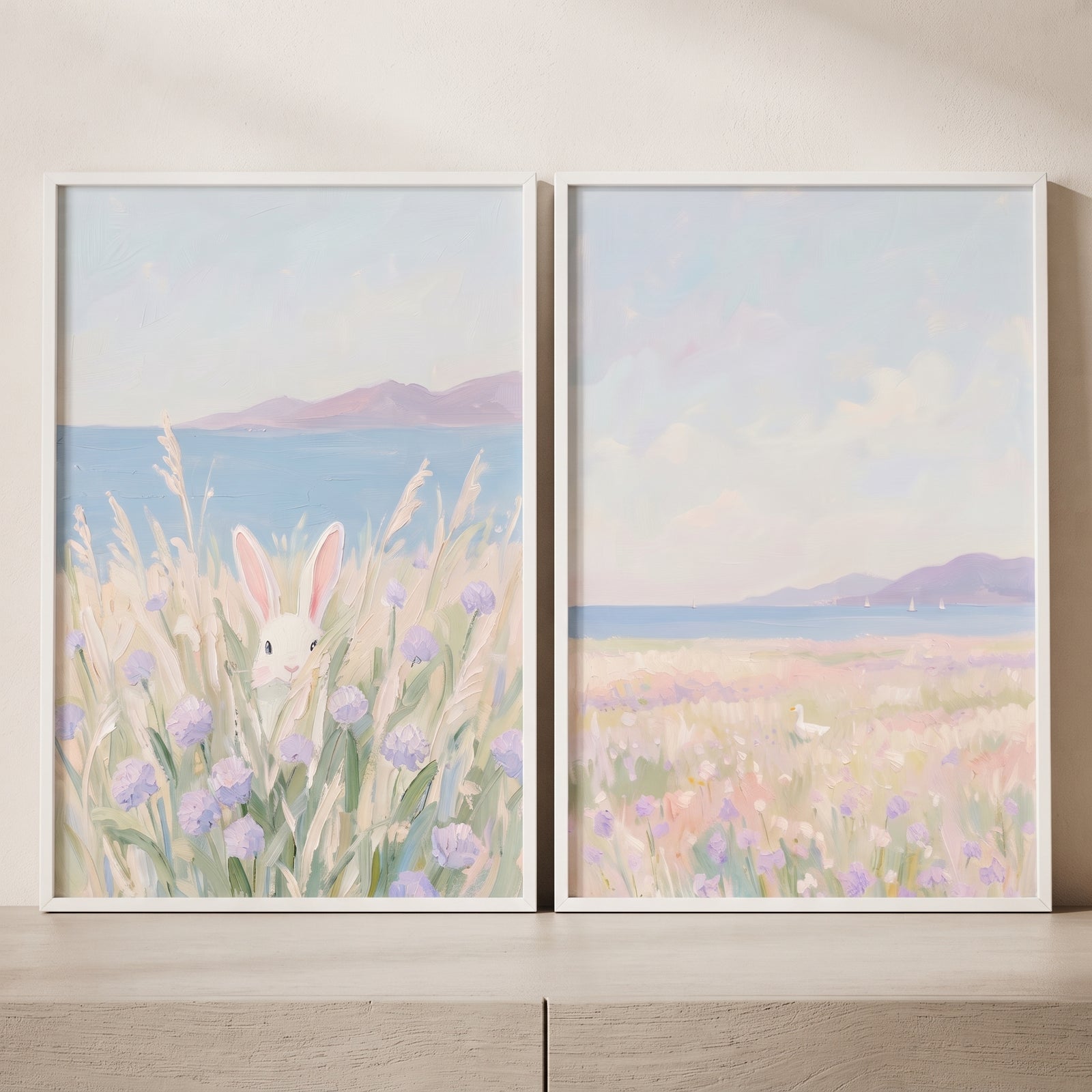 Impressionist lilac wildflower animal wall art set of 2 featuring a white rabbit and bird in soft coastal landscapes.