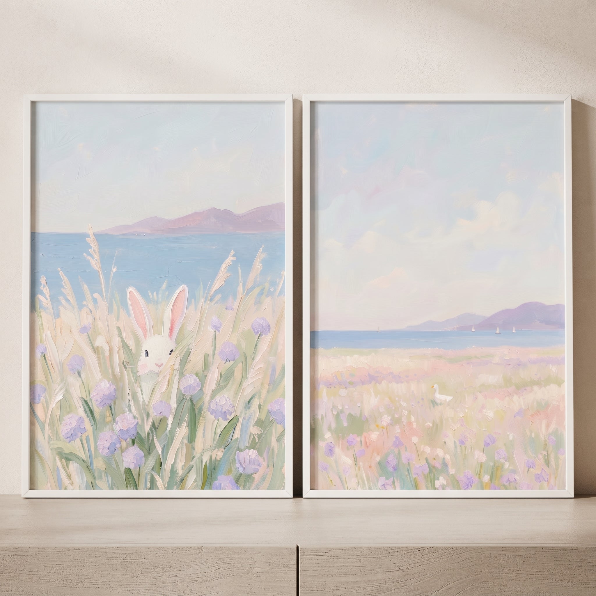 Impressionist Lilac Wildflower Animal Wall Art Set of 2 - Pastel Field Friends